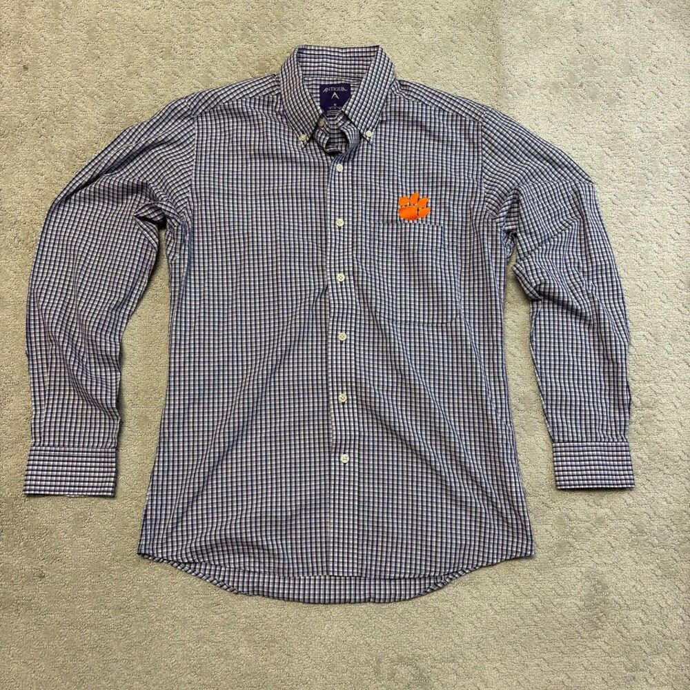 Antigua Clemson Tigers Men’s Medium Purple White Plaid Button Down Shirt